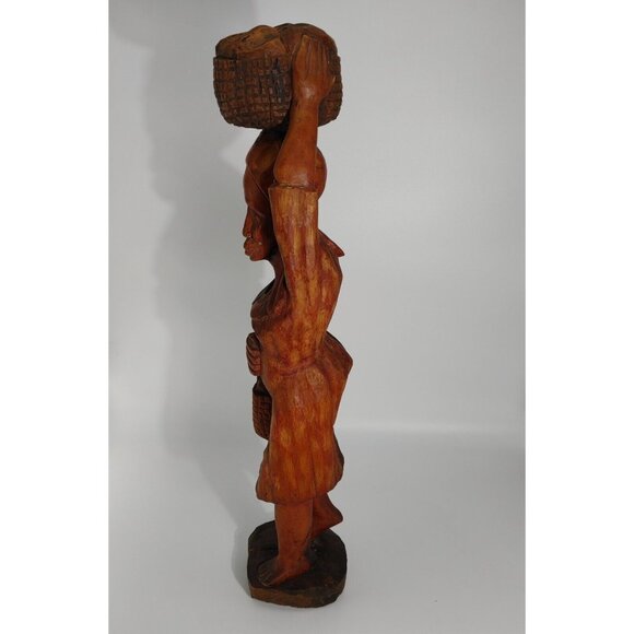 African Hand Carved Wooden Sculpture of a Woman Carrying a Basket Vintage Wood - Picture 6 of 12